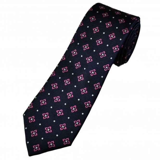 Tresanti Celeste Navy Blue & Pink Flower With Silver Dots Pattern Men's Silk Tie
