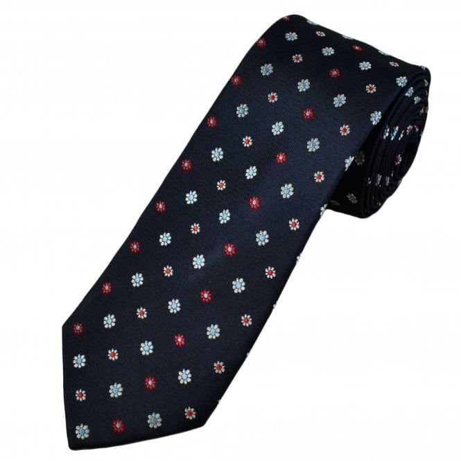 Tresanti Celeste Navy Blue, Red, Silver & Light Blue Flower Pattern Men's Silk Tie