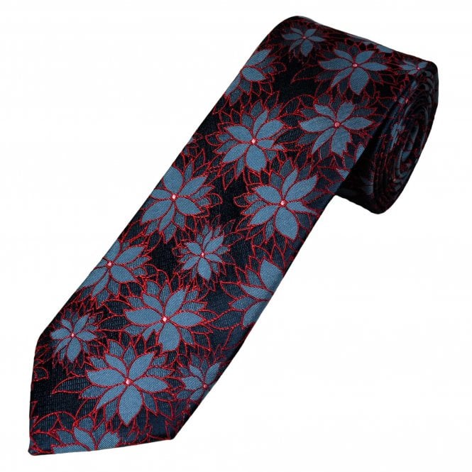 Tresanti Celeste Navy Blue, Red & Slate Grey Flower Patterned Men's Silk Tie