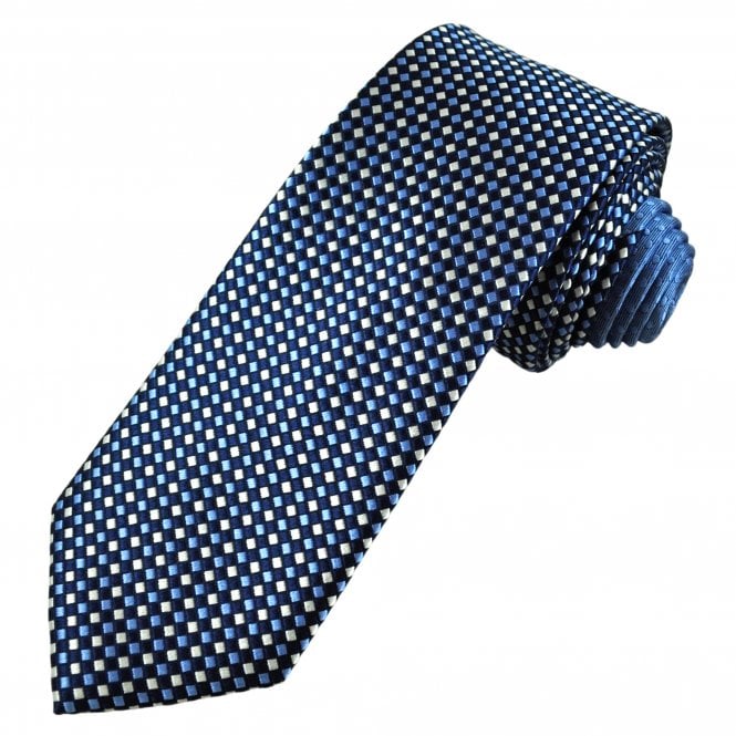 Tresanti Celeste Navy, Blue & Silver Checked Men's Silk Designer Tie (With Contrast Tail)