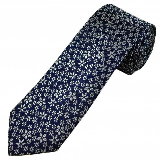 Tresanti Celeste Navy Blue & Silver Flower Pattern Men's Silk Tie