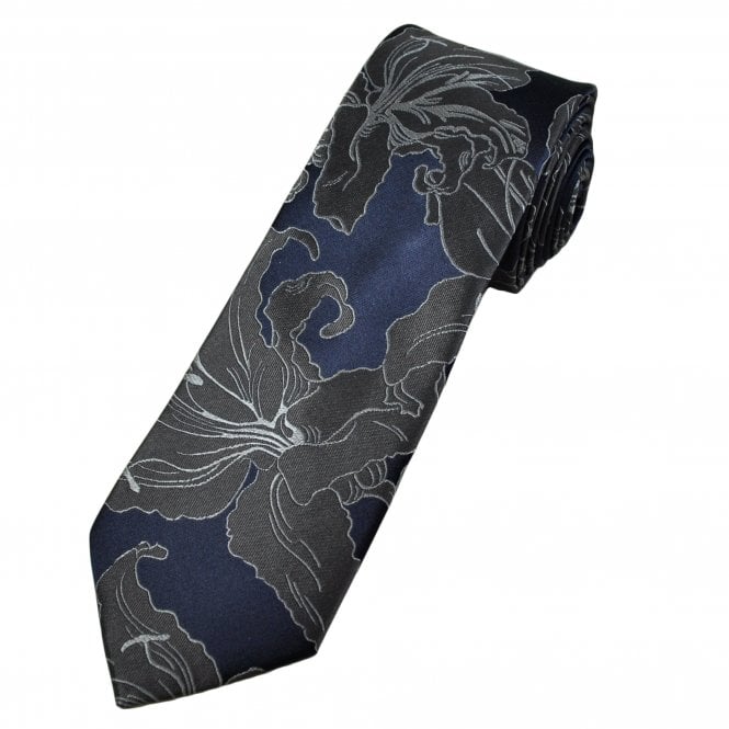 Tresanti Celeste Navy Blue, Silver & Grey Floral Pattern Men's Silk Tie