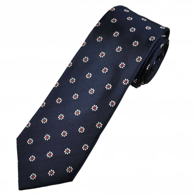 Tresanti Celeste Navy Blue, Silver & Red Flower Pattern Men's Silk Tie