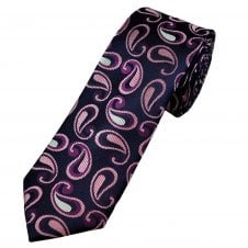 Tresanti Celeste Navy Blue, Silver & Shades of Pink Paisley Pattern Men's Silk Designer Tie