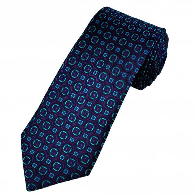 Tresanti Celeste Navy Blue, Turquoise & Purple Square & Circle Pattern Men's Silk Tie