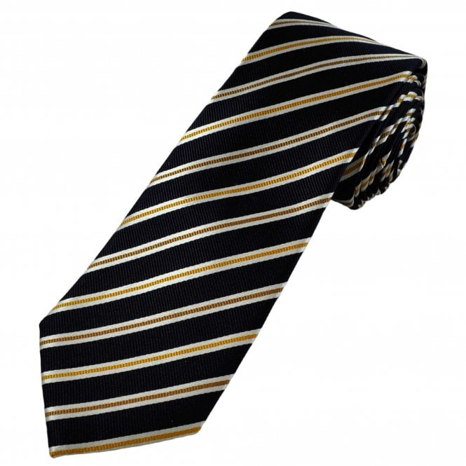 Tresanti Celeste Navy Blue, White & Gold Striped Men's Silk Designer Tie