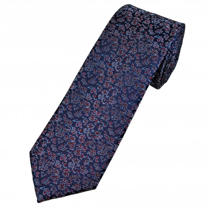 Tresanti Celeste Navy Blue, Wine Red & Silver Floral Pattern Men's Silk Designer Tie