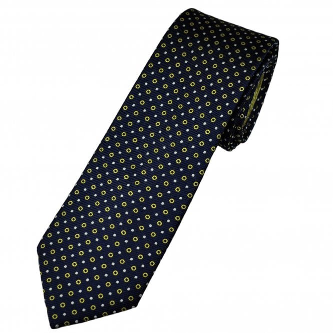 Tresanti Celeste Navy Blue with Gold Circles and White Spots Men's Silk Designer Tie (With Contrast Tail)