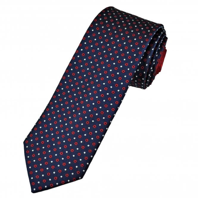 Tresanti Celeste Navy Blue with Red Circles and White Spots Men's Silk Designer Tie (With Contrast Tail)