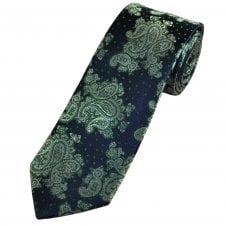 Tresanti Celeste Navy Blue with Shades of Green Paisley & Dot Pattern Men's Silk Designer Tie