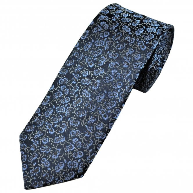 Tresanti Celeste Navy, Brown, Sky Blue & Silver Flower Pattern Men's Silk Tie