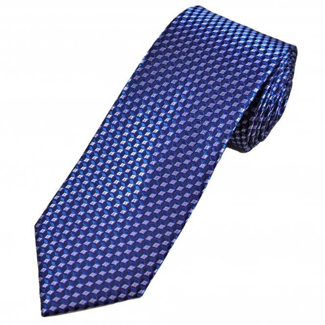 Tresanti Celeste Navy, Cobalt Blue, Purple & Lilac Cubes Optical Illusion Pattern Men's Silk Tie