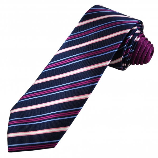 Tresanti Celeste Navy, Fuchsia, Blue, Pink & Silver Striped Men's Silk Tie (With Contrast Tail)