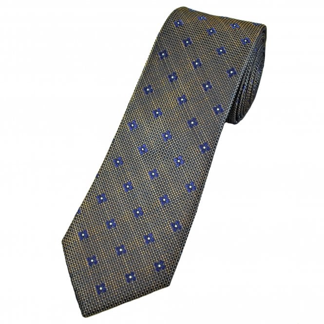 Tresanti Celeste Navy & Gold Background with Dark Royal Blue & Silver Flower Pattern Men's Silk Tie
