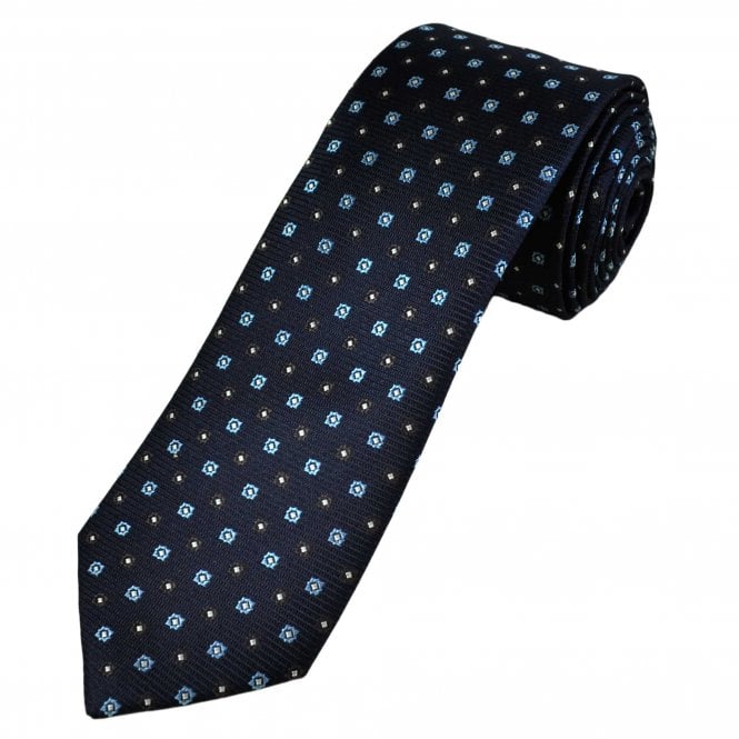 Tresanti Celeste Navy, Light Blue, Brown & White Patterned Silk Men's Designer Tie