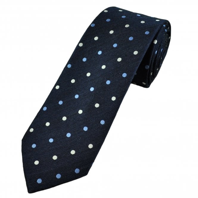 Tresanti Celeste Navy, Light Blue & Silver Polka Dot Men's Silk Designer Tie