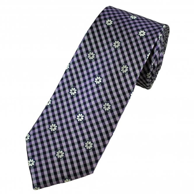 Tresanti Celeste Navy, Lilac Check & Silver Flower Patterned Narrow Men's Silk Tie