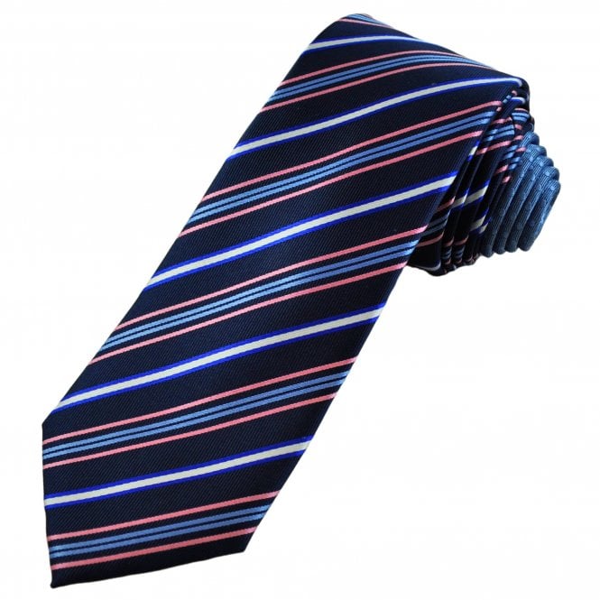 Tresanti Celeste Navy, Pink, Blue, Royal & White Striped Men's Silk Tie (With Contrast Tail)