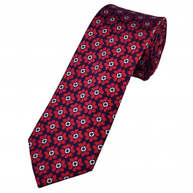 Tresanti Celeste Navy, Red & Silver Flower Patterned Men's Silk Tie