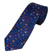 Tresanti Celeste Navy, Royal Blue, Orange, Fuchsia & Silver Flower Patterned Men's Silk Tie