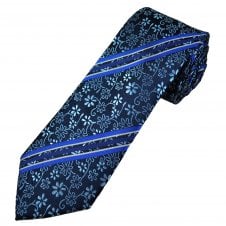 Tresanti Celeste Navy, Royal Blue & Silver Striped Tie with Pale Blue Floral Pattern Men's Silk Designer Tie