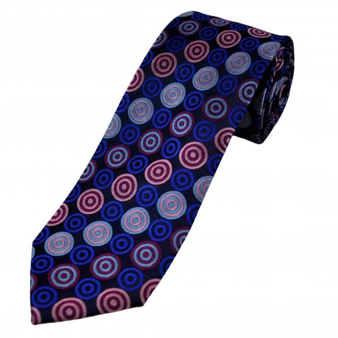 Tresanti Celeste Navy, Royal, Light Blue & Pink Circles Pattern Men's Silk Designer Tie