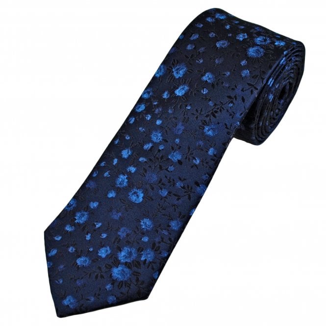 Tresanti Celeste Navy & Shades of Blue Rose Flower Pattern Men's Silk Designer Tie