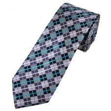 Tresanti Celeste Navy, Silver, Lilac, Purple & Turquoise Checked Narrow Men's Silk Tie