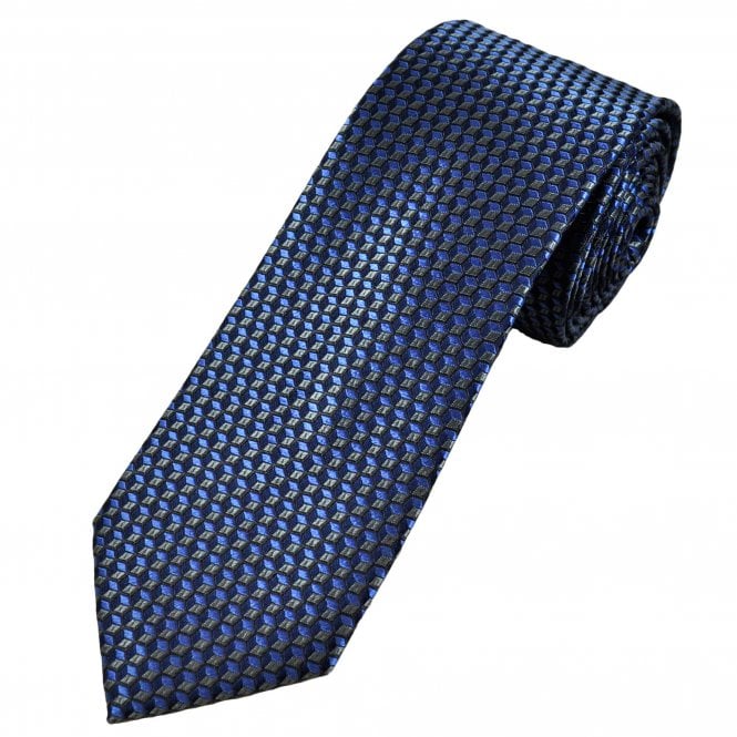 Tresanti Celeste Navy, Sky Blue, Grey & Silver Cubes Optical Illusion Pattern Men's Silk Tie