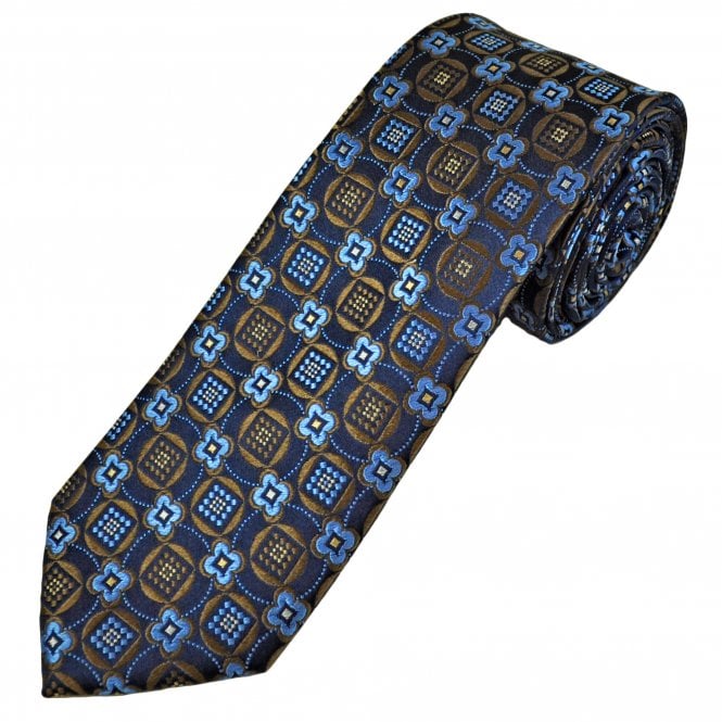 Tresanti Celeste Navy, Tan Brown & Sky Blue Pattern Men's Silk Tie