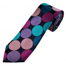 Tresanti Celeste Navy, Turquoise, Blue, Lilac, Peach & Cerise Pink Large Spot Pattern Men's Silk Designer Tie