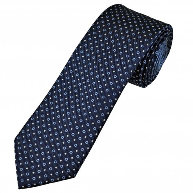 Tresanti Celeste Navy with Light Blue Circles and White Spots Men's Silk Designer Tie (With Contrast Tail)