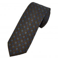 Tresanti Celeste Olive Brown , Silver & Royal Blue Motif Patterned Men's Silk Tie