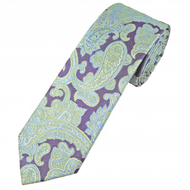Tresanti Celeste Plum Purple, Light Blue, Yellow & Silver Paisley Pattern Men's Silk Tie