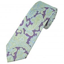 Tresanti Celeste Plum Purple, Light Blue, Yellow & Silver Paisley Pattern Men's Silk Tie