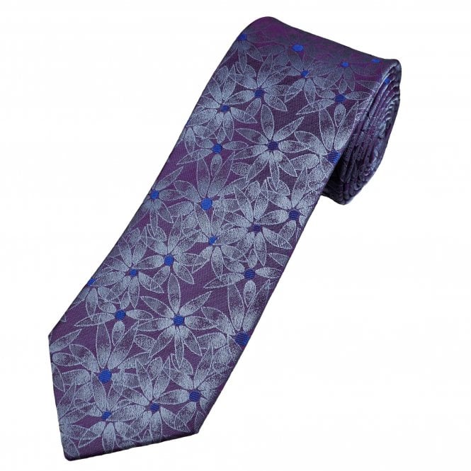Tresanti Celeste Plum, Silver Blue & Royal Blue Flower Patterned Men's Silk Tie