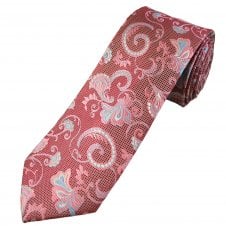 Tresanti Celeste Raspberry Red, Pink, Silver & Light Blue Floral Paisley Patterned Men's Silk Designer Tie