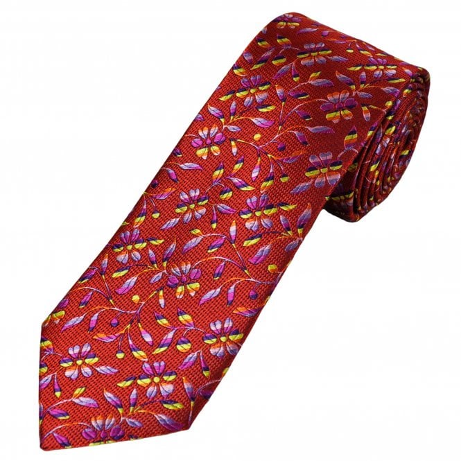 Tresanti Celeste Red, Lilac, Purple, Pink, Fuchsia Pink, Orange & Gold Flower Patterned Men's Silk Tie
