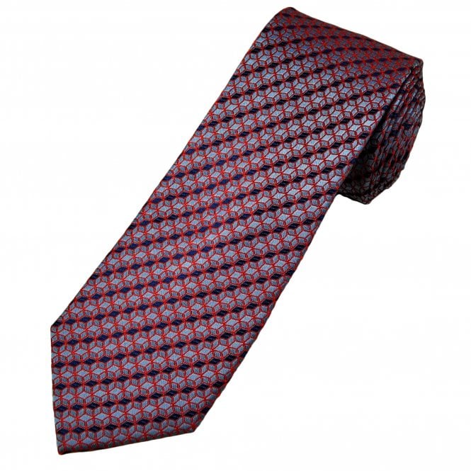 Tresanti Celeste Red, Pewter Grey & Navy Blue Cubes Pattern Men's Silk Tie
