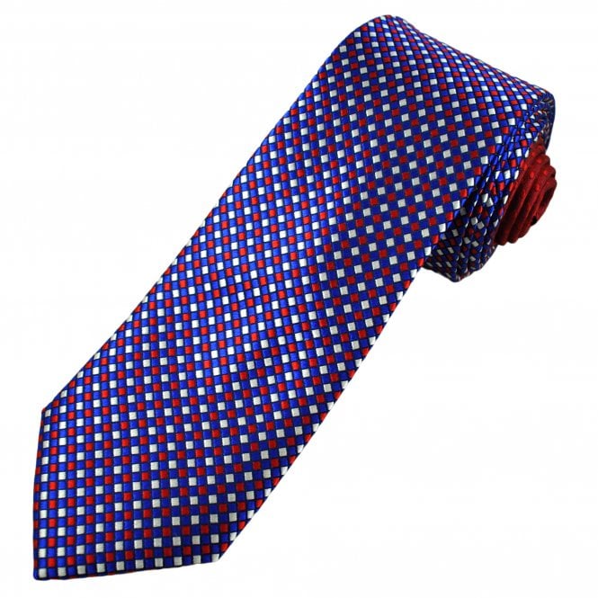 Tresanti Celeste Royal Blue, Red & Silver Checked Men's Silk Designer Tie (With Contrast Tail)
