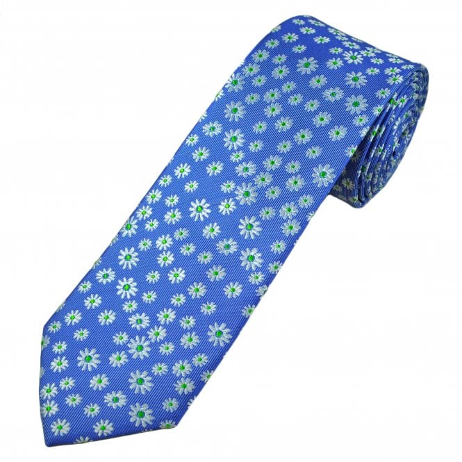 Tresanti Celeste Royal Blue, Silver & Green Flower Pattern Men's Silk Tie