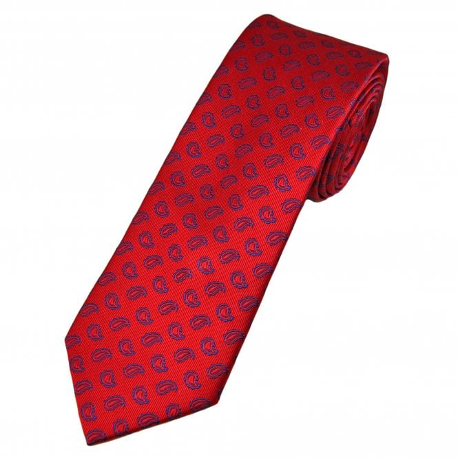 Tresanti Celeste Scarlet Red & Navy Blue Teardrop Paisley Pattern Men's Silk Designer Tie