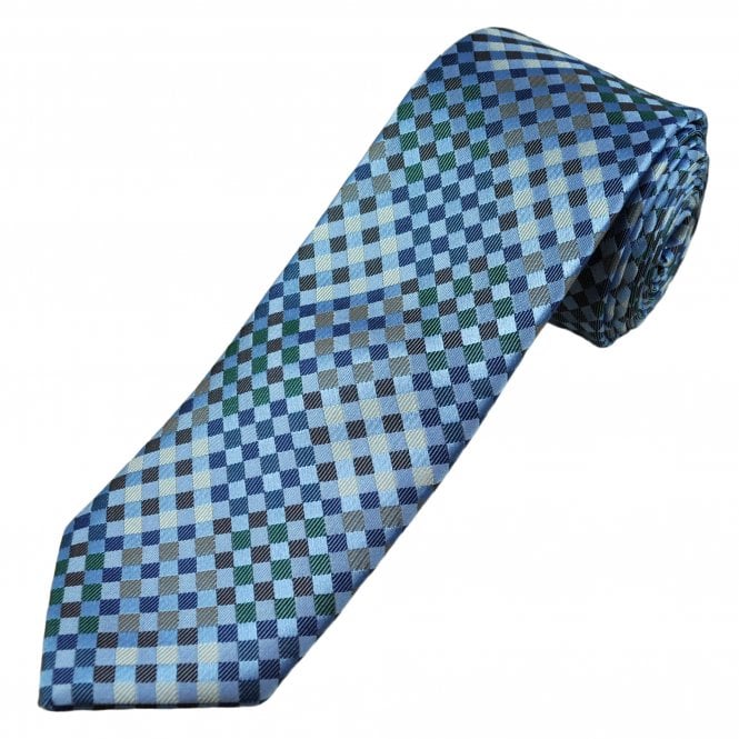 Tresanti Celeste Shades of Blue Diamond Checked Pattern Men's Silk Designer Tie
