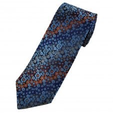 Tresanti Celeste Shades of Blue with Orange, Brown & Silver Flower Pattern Silk Men's Designer Tie