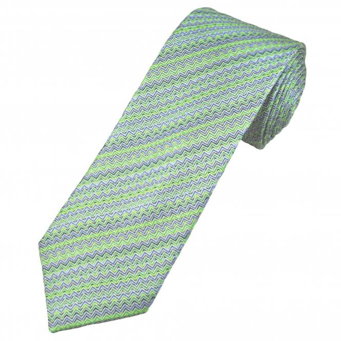 Tresanti Celeste Shades Of Green, Blue & Yellow Zig Zag Pattern Men's Silk Tie