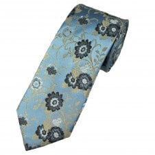 Tresanti Celeste Silver-Blue, Beige, Ebony & White Flower Pattern Men's Silk Tie