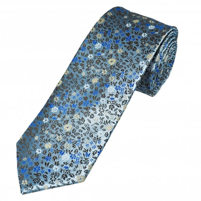 Tresanti Celeste Silver Blue, White, Brown, Royal Blue & Sand Gold Flower Patterned Men's Silk Tie