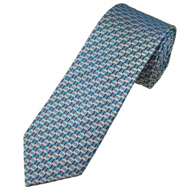 Tresanti Celeste Silver, French Navy & Aqua Blue Pattern Men's Silk Tie