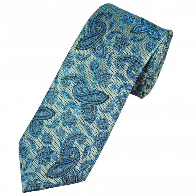 Tresanti Celeste Silver, Green, Navy & Sky Blue Paisley Patterned Men's Silk Tie