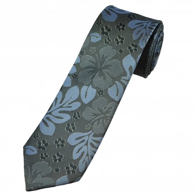 Tresanti Celeste Silver, Grey & Light Blue Leaf Pattern Men's Silk Designer Tie